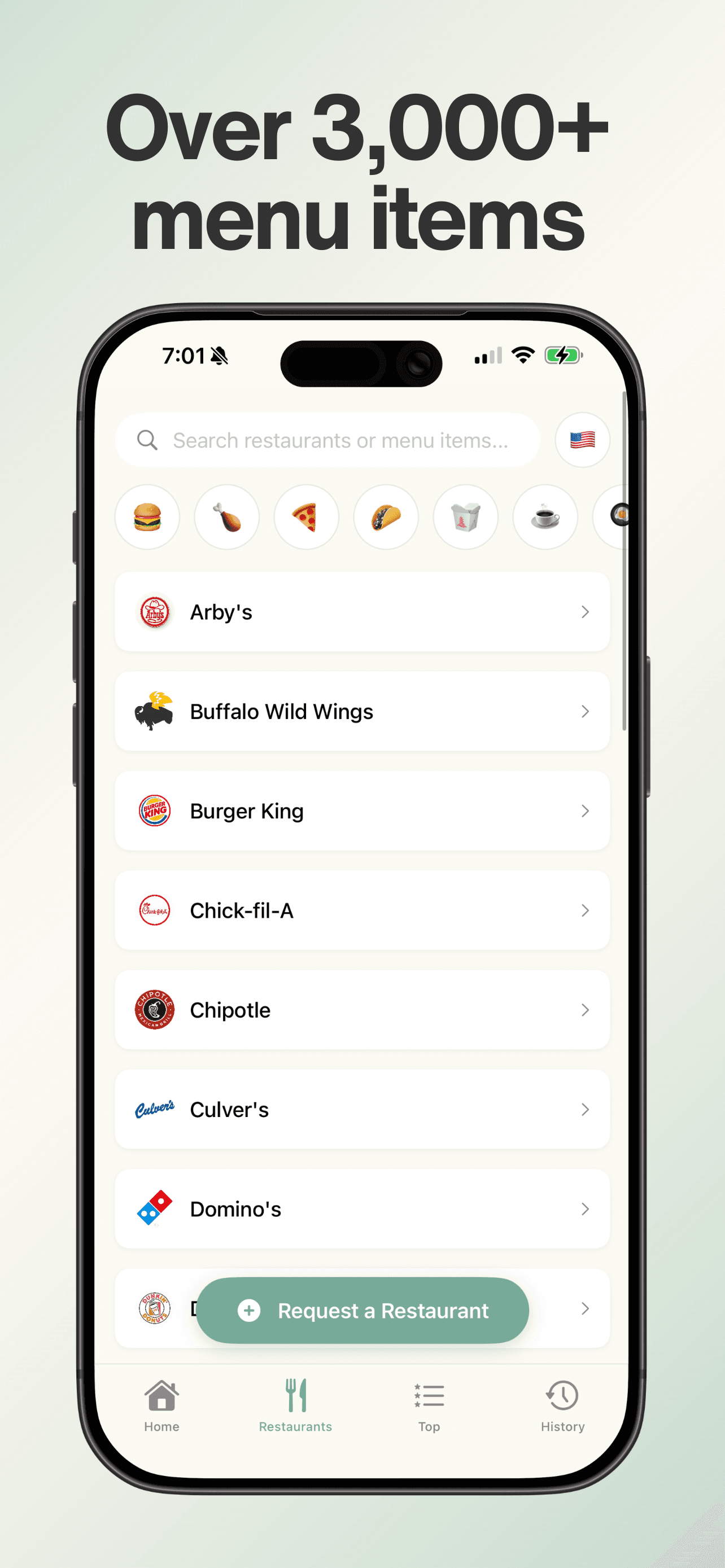 PRūF preview showing restaurant search across thousands of menu items